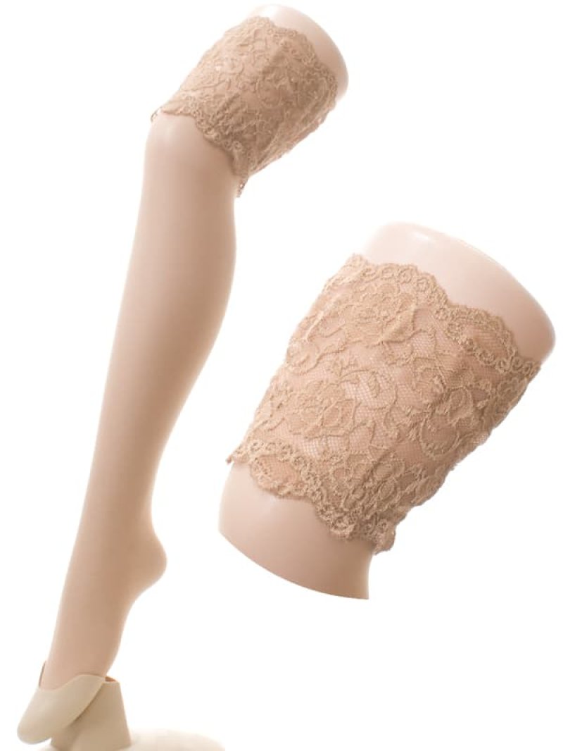 滑り止めシリコン付 幅広 フラワーレーストップ ストッキング・ベージュ1