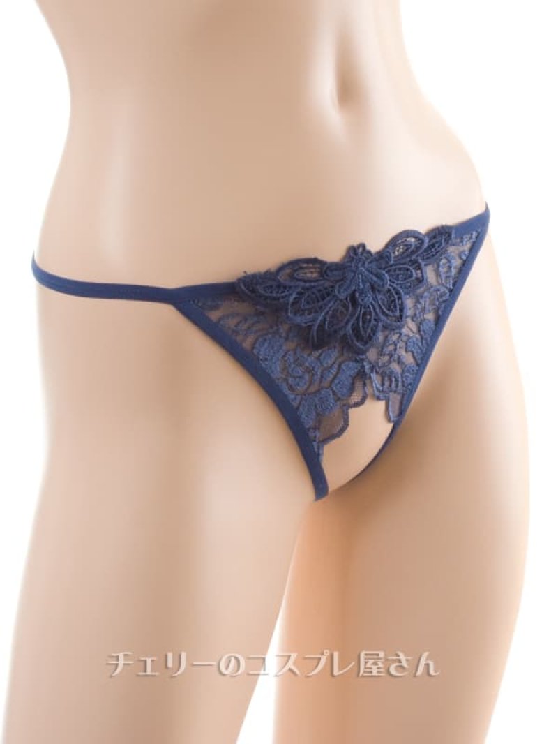 フラワーレース オープンクロッチ Tバック・ネイビー5