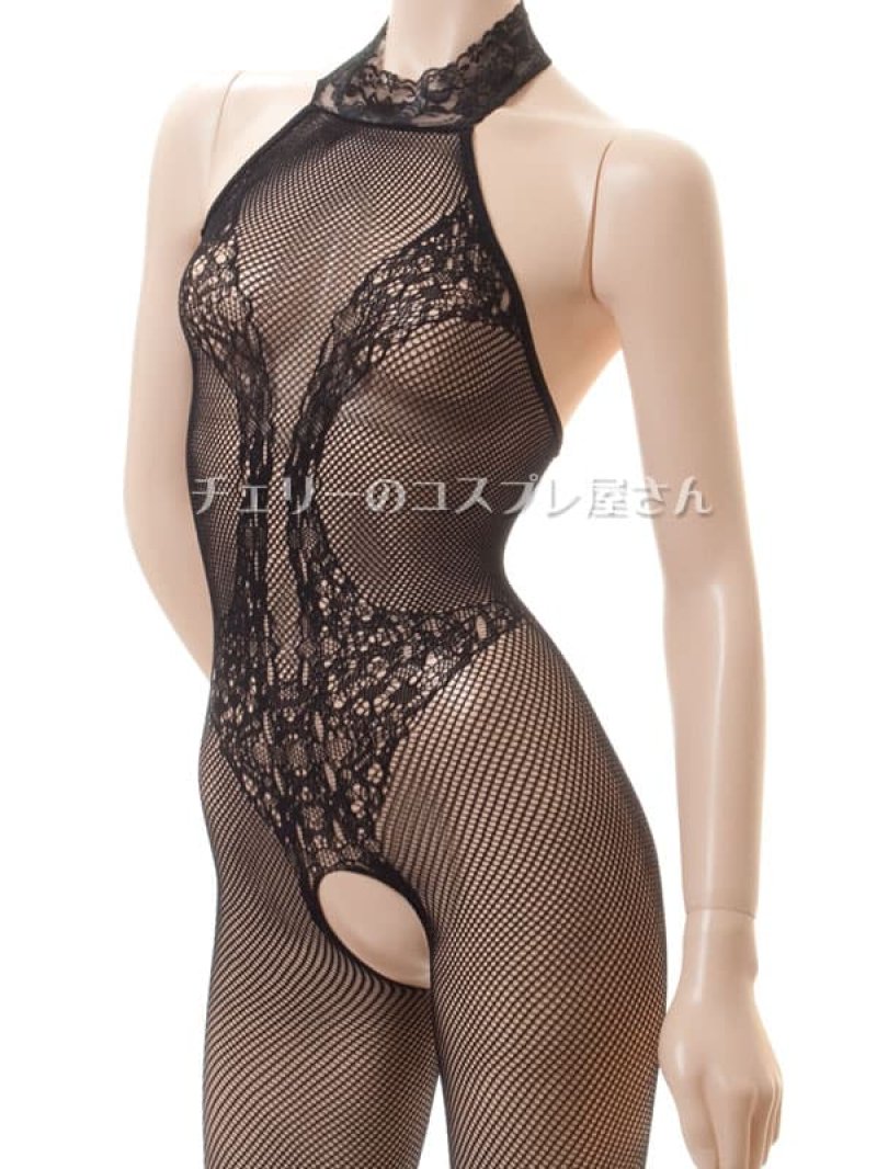 ノースリーブ メッシュ オープンクロッチ ボディストッキング・黒8