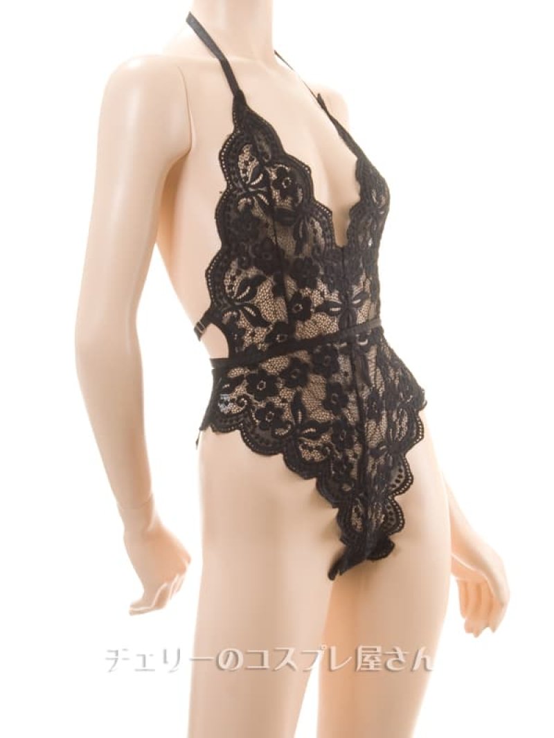 ボタンであいちゃう!総レースのボディフィット オープンクロッチテディ・黒11