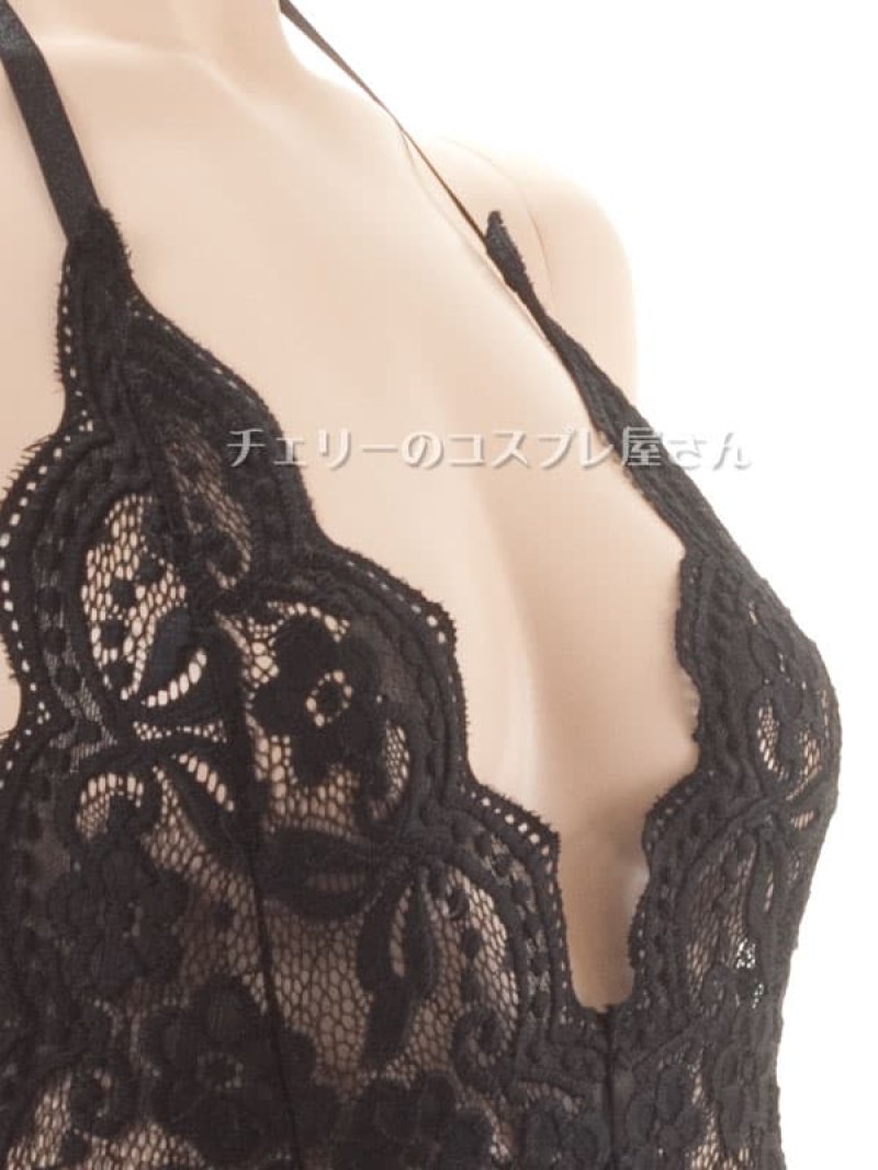 ボタンであいちゃう!総レースのボディフィット オープンクロッチテディ・黒12