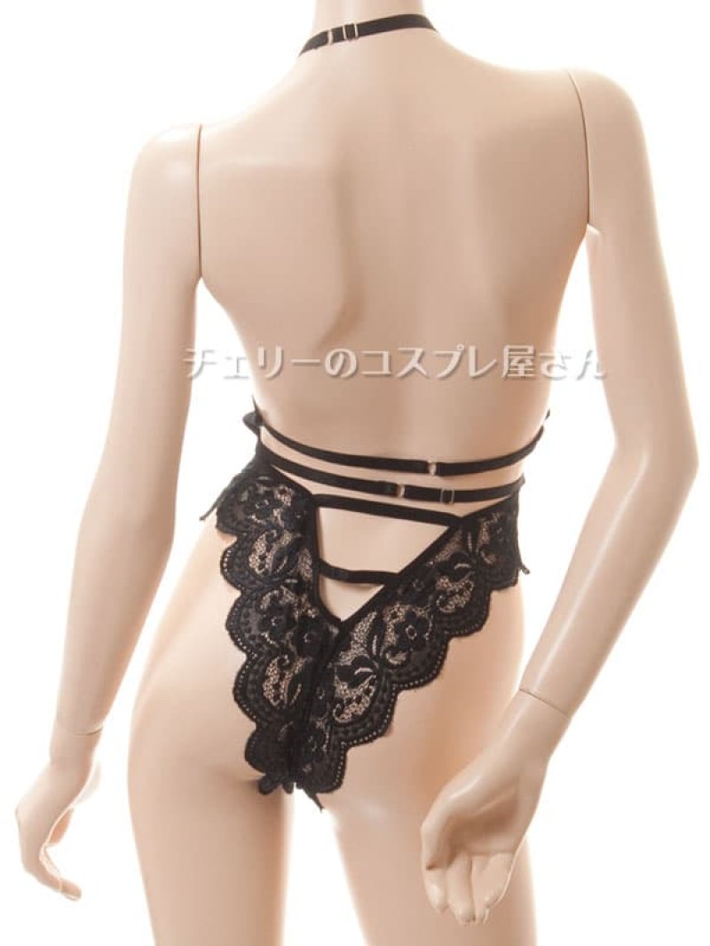 ボタンであいちゃう!総レースのボディフィット オープンクロッチテディ・黒14