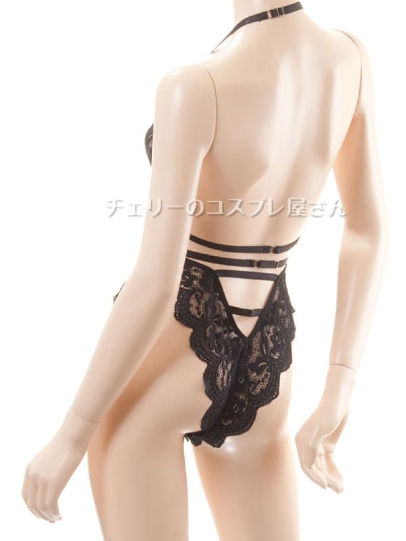 ボタンであいちゃう!総レースのボディフィット オープンクロッチテディ・黒17