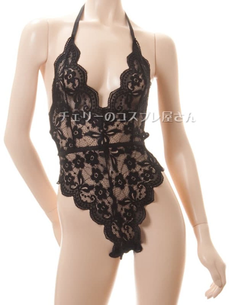 ボタンであいちゃう!総レースのボディフィット オープンクロッチテディ・黒5