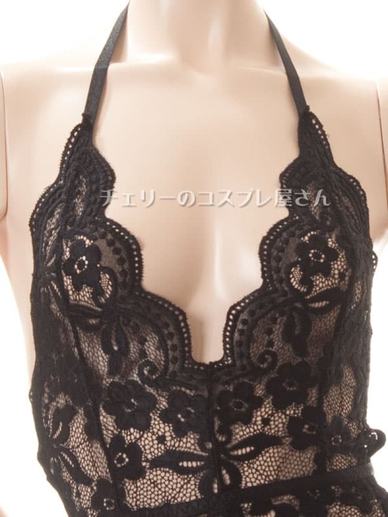 ボタンであいちゃう!総レースのボディフィット オープンクロッチテディ・黒6