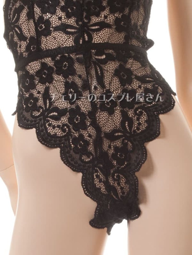 ボタンであいちゃう!総レースのボディフィット オープンクロッチテディ・黒7