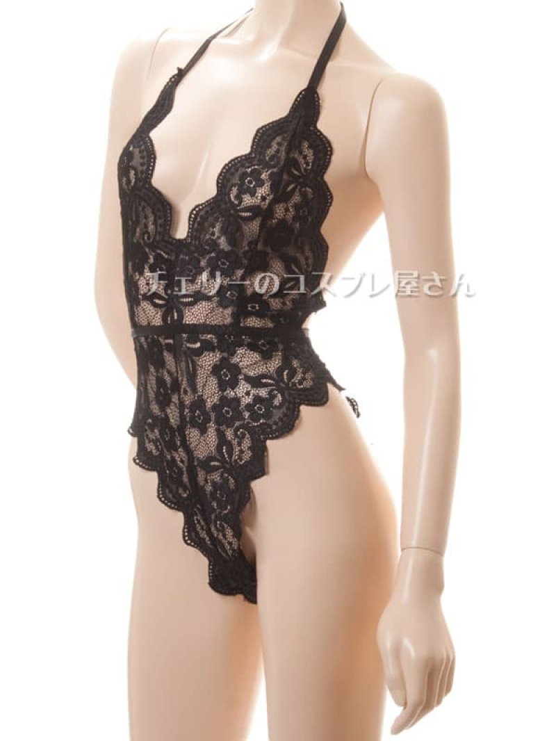 ボタンであいちゃう!総レースのボディフィット オープンクロッチテディ・黒8