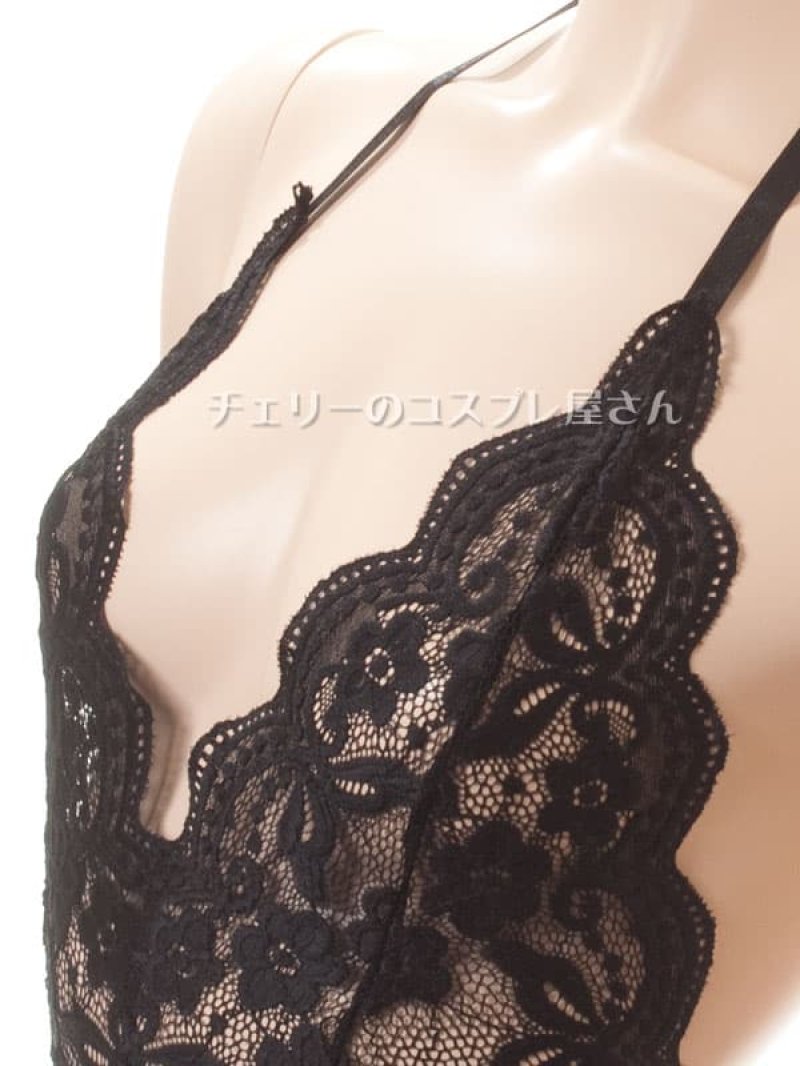 ボタンであいちゃう!総レースのボディフィット オープンクロッチテディ・黒9