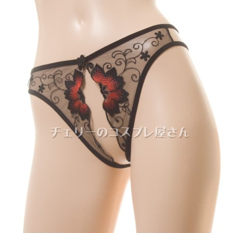花びら刺繍 フロントオープンクロッチ シースルー Tバックショーツ・黒5
