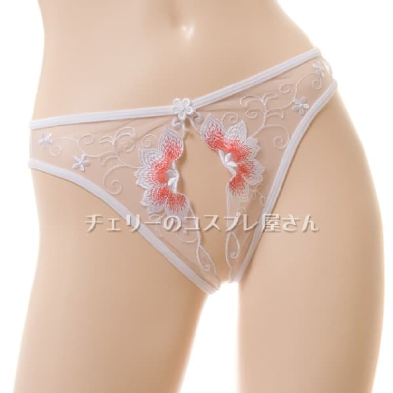 花びら刺繍 フロントオープンクロッチ シースルー Tバックショーツ・白3