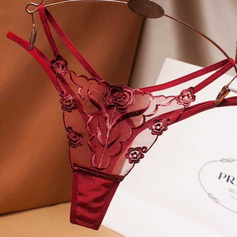 花柄刺繍 ダブルストリング シースルーTバックショーツ・ワインレッド2