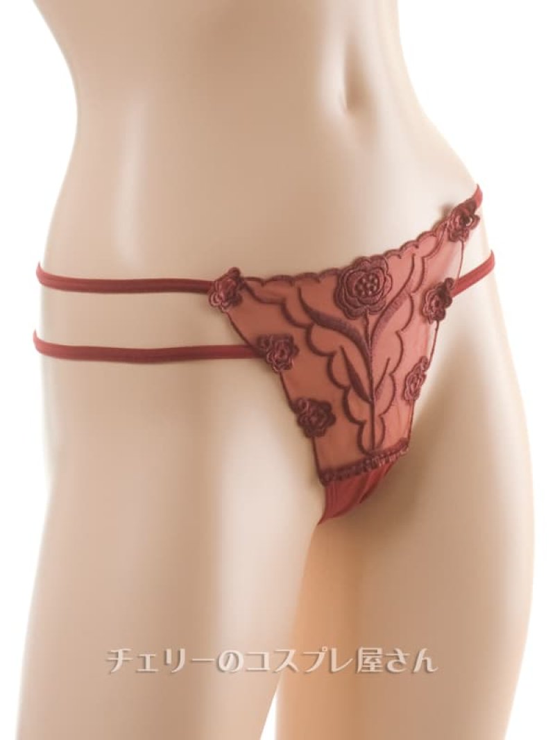 花柄刺繍 ダブルストリング シースルーTバックショーツ・ワインレッド1