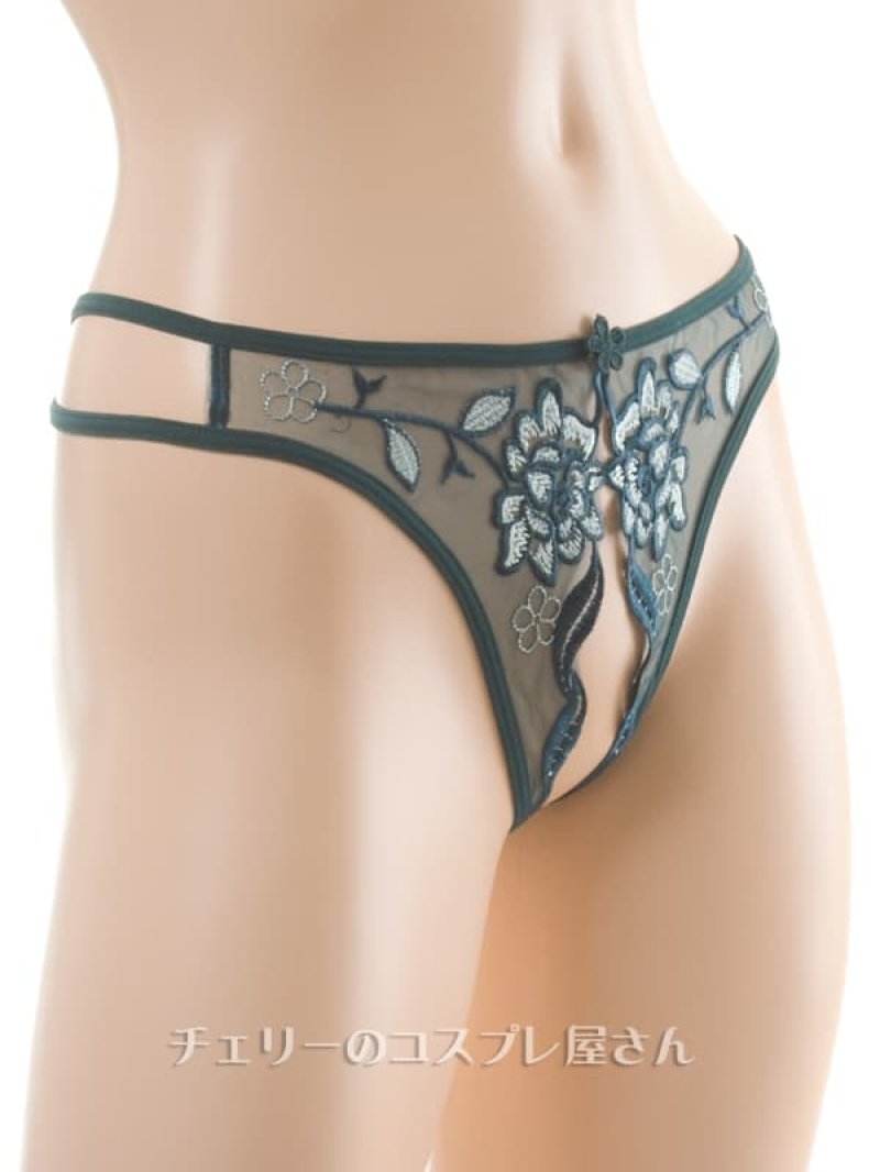 花柄刺繍 フロントオープンクロッチ シースルー Tバックショーツ・深緑1
