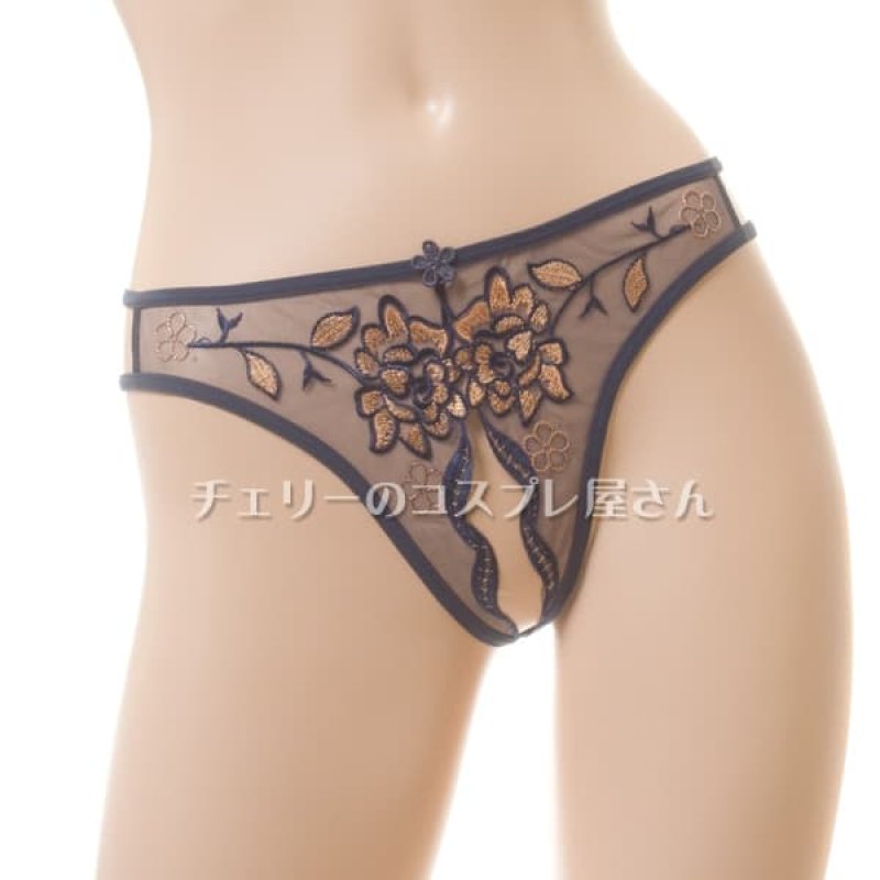 花柄刺繍 フロントオープンクロッチ シースルー Tバックショーツ・深紫3