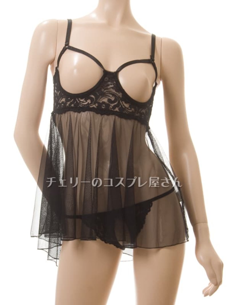 見せちゃいます!ワイヤー入 オープンバストのベビードール・黒5