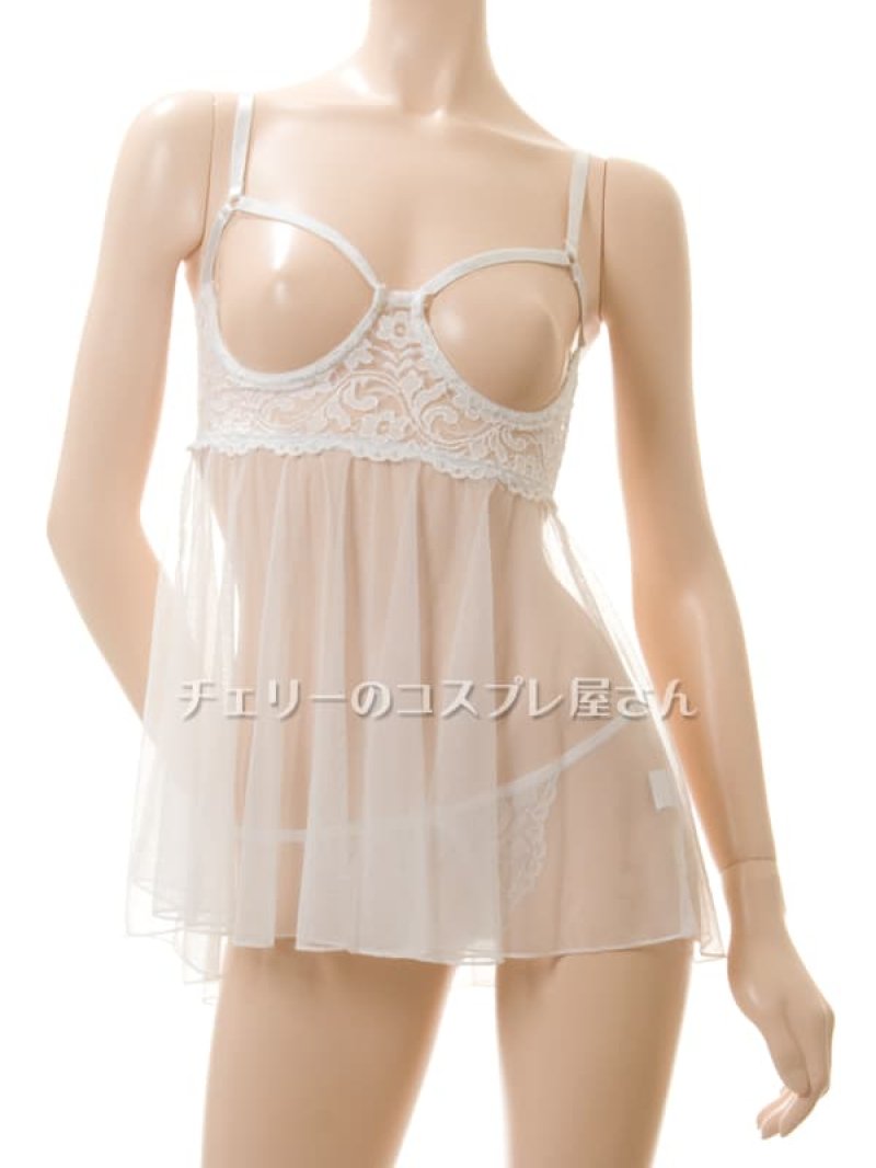 見せちゃいます!ワイヤー入 オープンバストのベビードール・白5