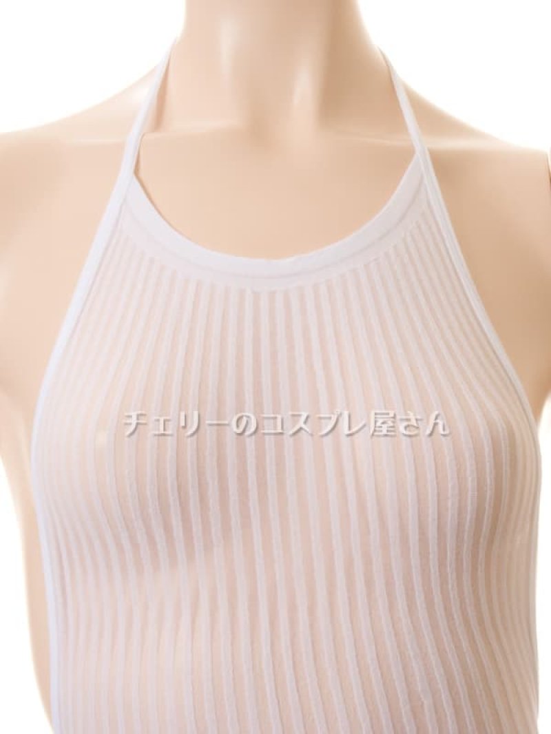 ボディフィット ストライプシースルーストレッチ バックレスドレス・白6