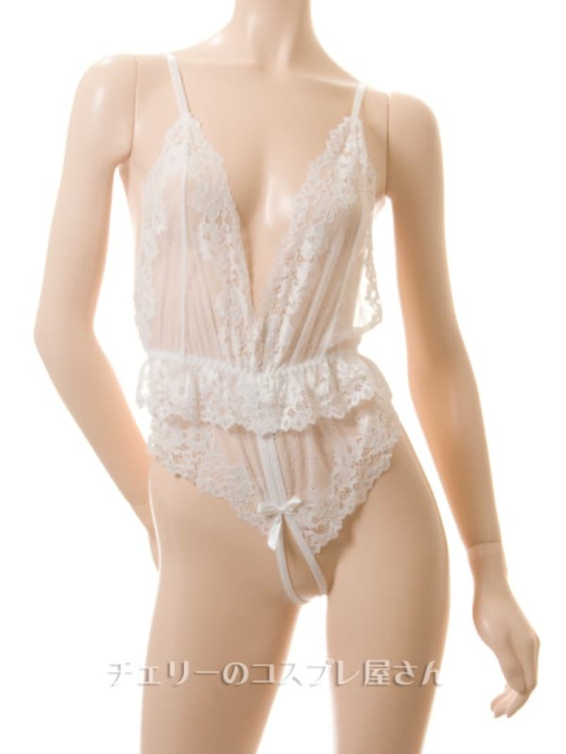 フリルレースのワイドオープンクロッチ テディ・白5