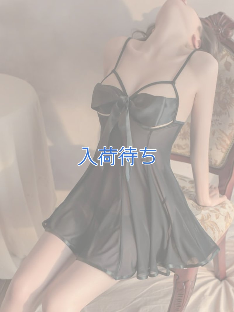 リボンのオープンバスト ベビードール・黒3