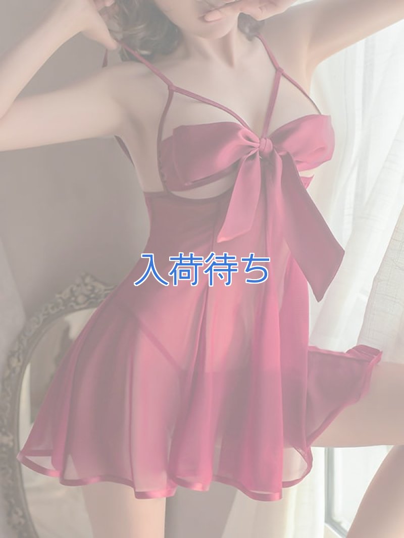 リボンのオープンバスト ベビードール・ワインレッド3