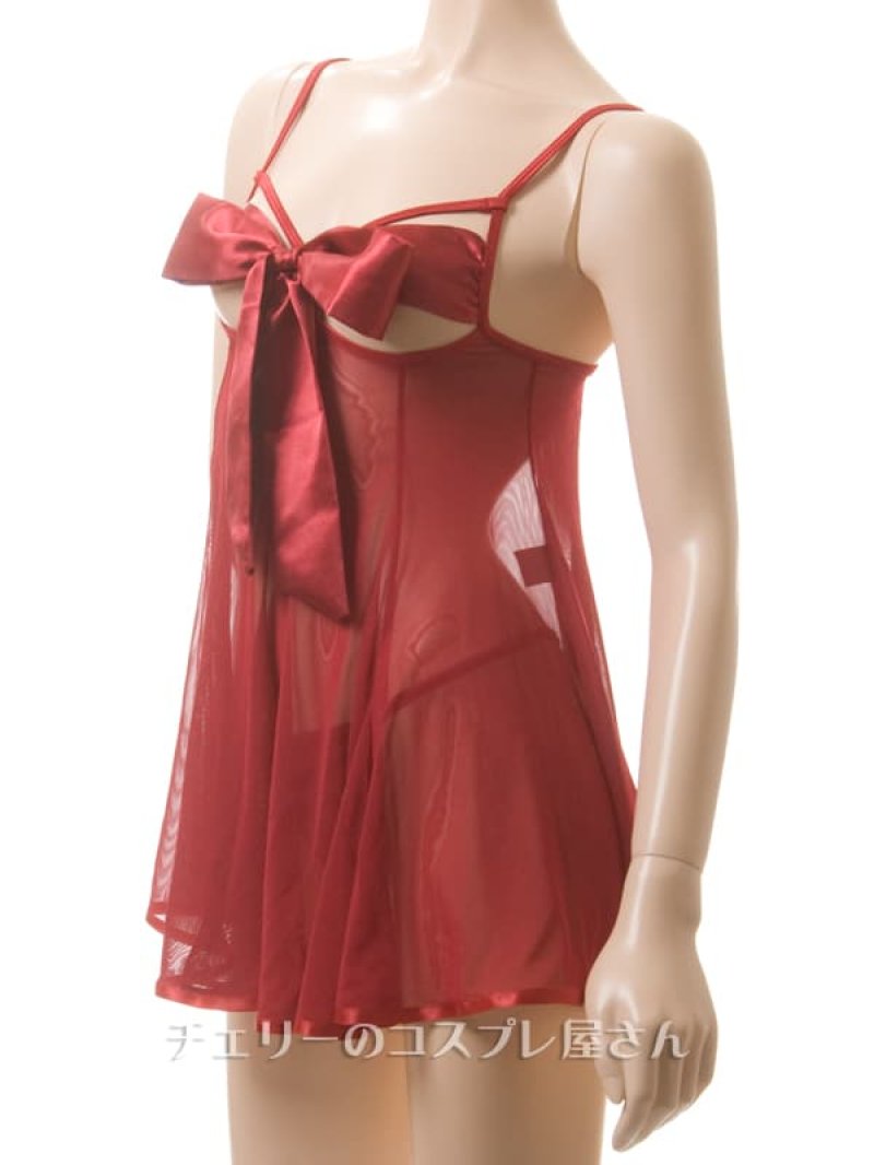 リボンのオープンバスト ベビードール・ワインレッド9