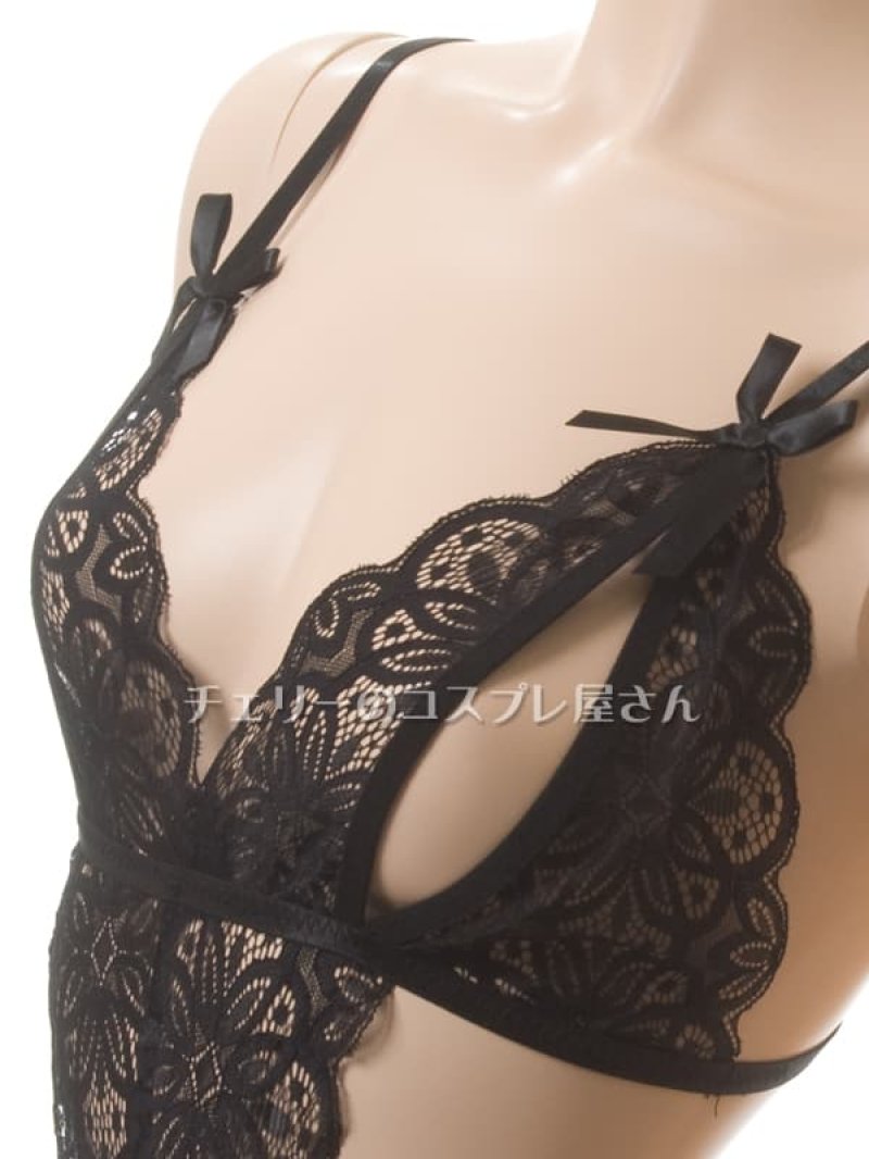 上も下も見えちゃう!総レースのオープンバスト&オープンクロッチ テディ・黒9