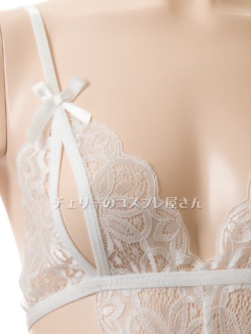 上も下も見えちゃう!総レースのオープンバスト&オープンクロッチ テディ・白5