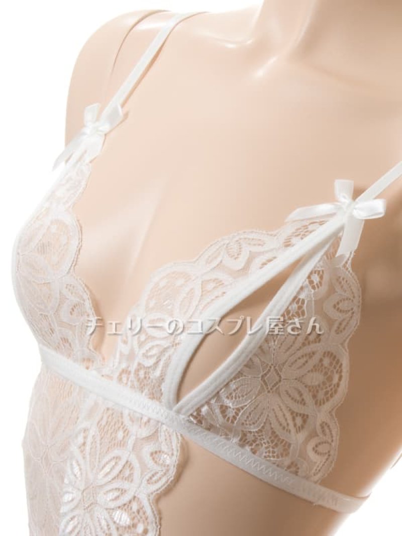 上も下も見えちゃう!総レースのオープンバスト&オープンクロッチ テディ・白8