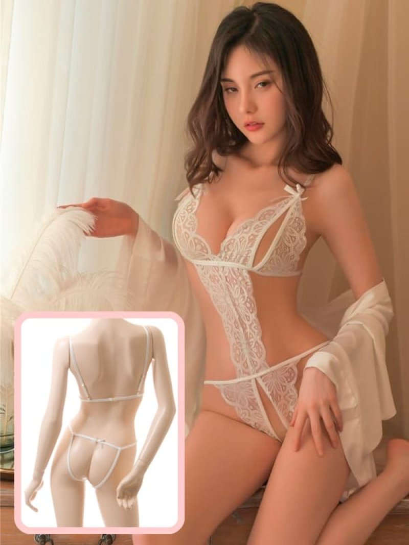 上も下も見えちゃう!総レースのオープンバスト&オープンクロッチ テディ・白1