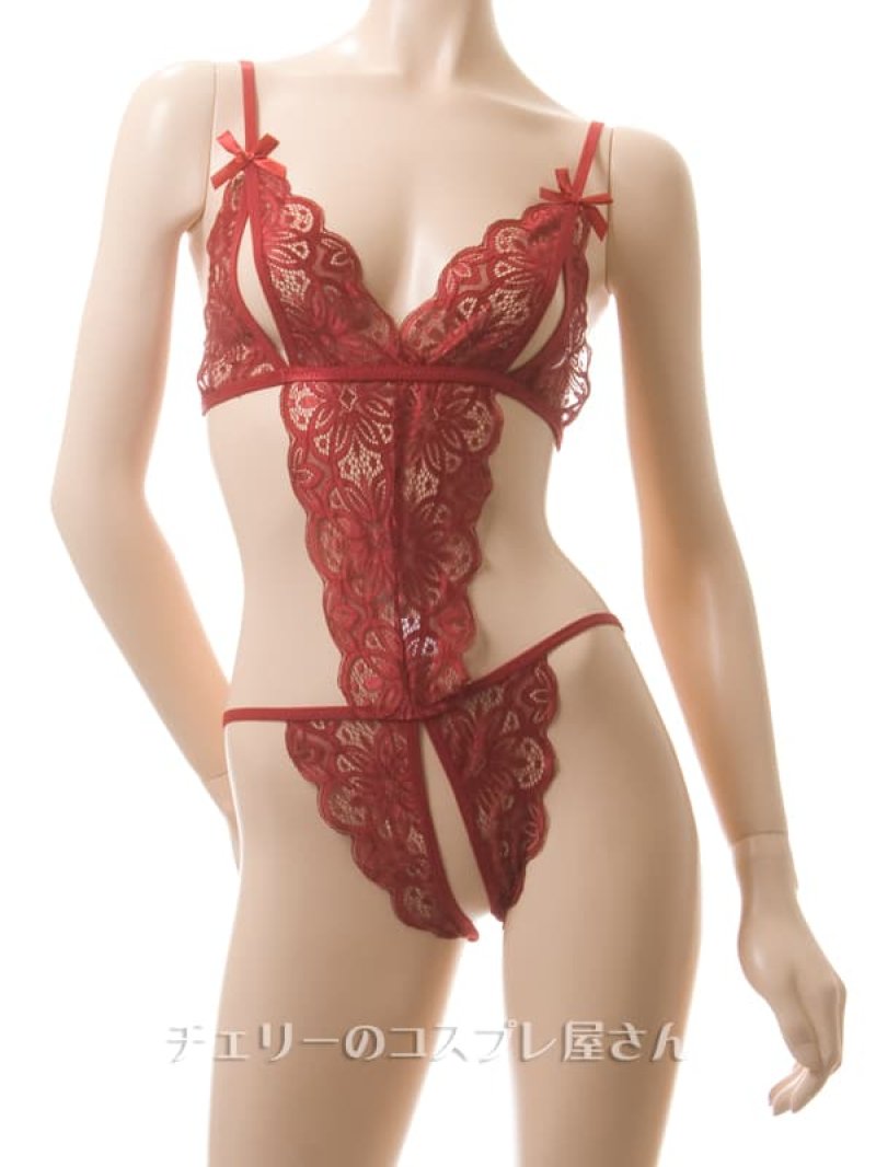 上も下も見えちゃう！総レースのオープンバスト＆オープンクロッチ テディ・ワインレッド4