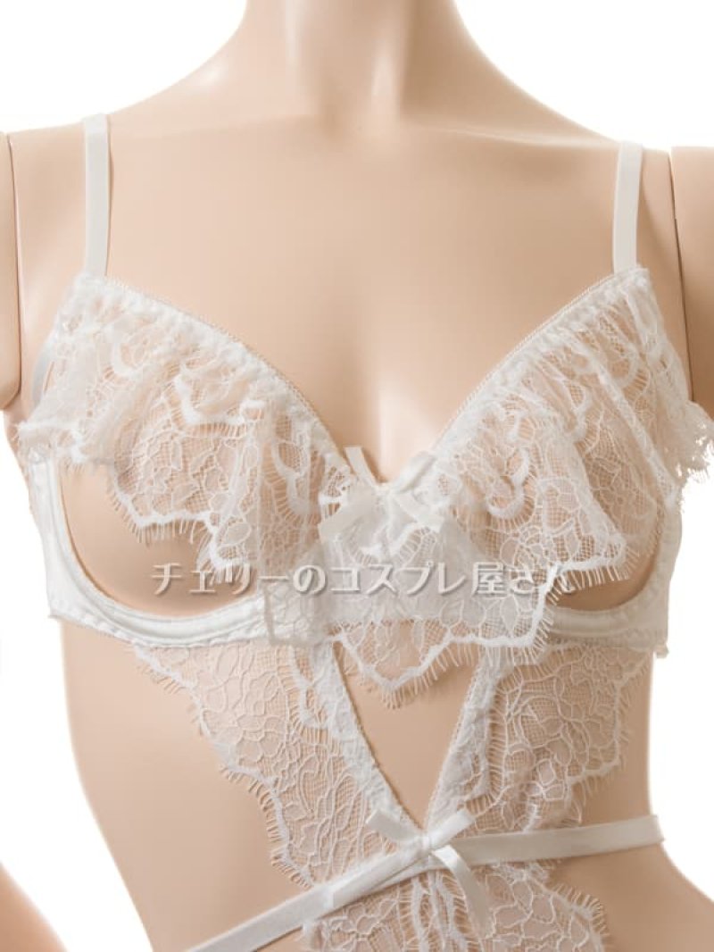 ヒップ編み上げ ワイヤー入り オープンブラ＆オープンクロッチ ガーターテディ・白5