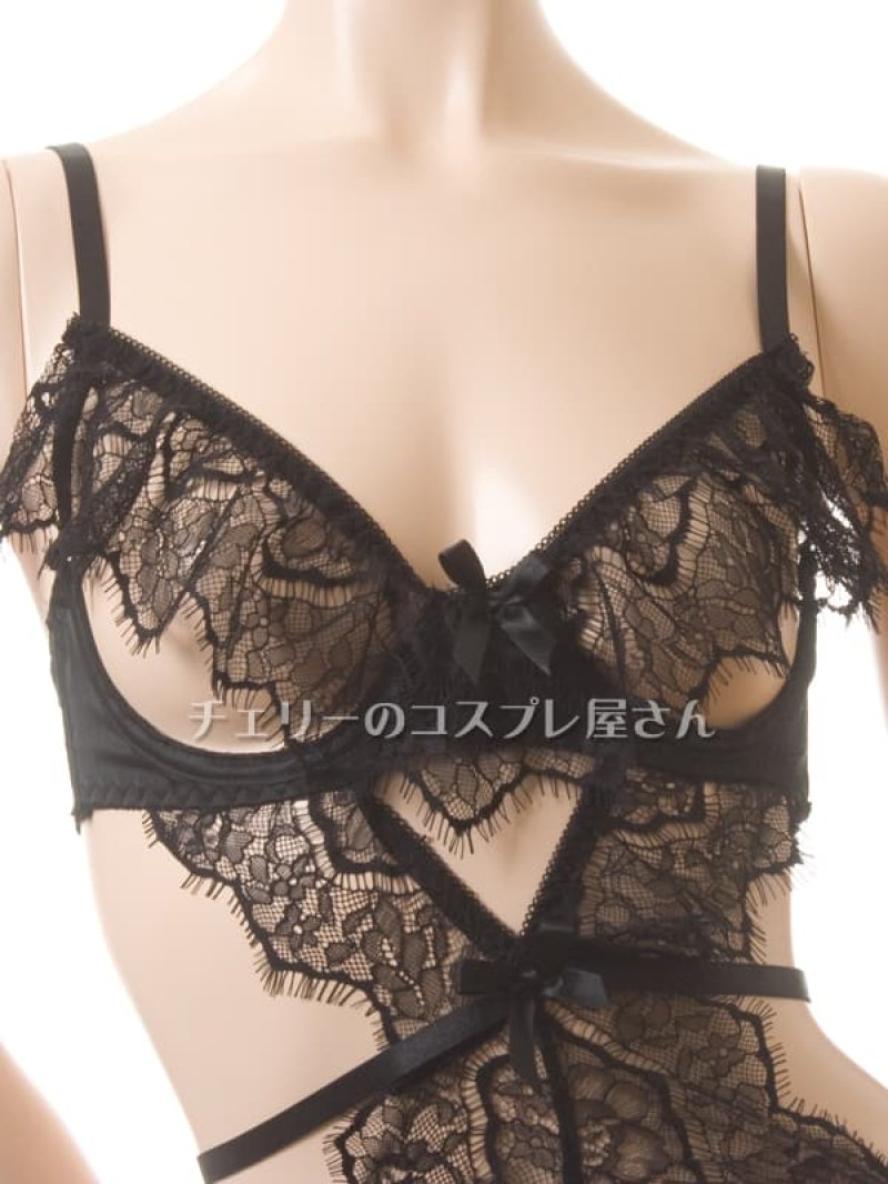 ヒップ編み上げ ワイヤー入り オープンブラ&オープンクロッチ ガーターテディ・黒5
