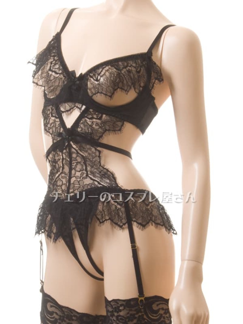 ヒップ編み上げ ワイヤー入り オープンブラ&オープンクロッチ ガーターテディ・黒7