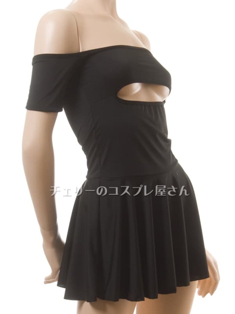 ほぼ見えちゃう！オープンバストのオフショルダーワンピース・黒10