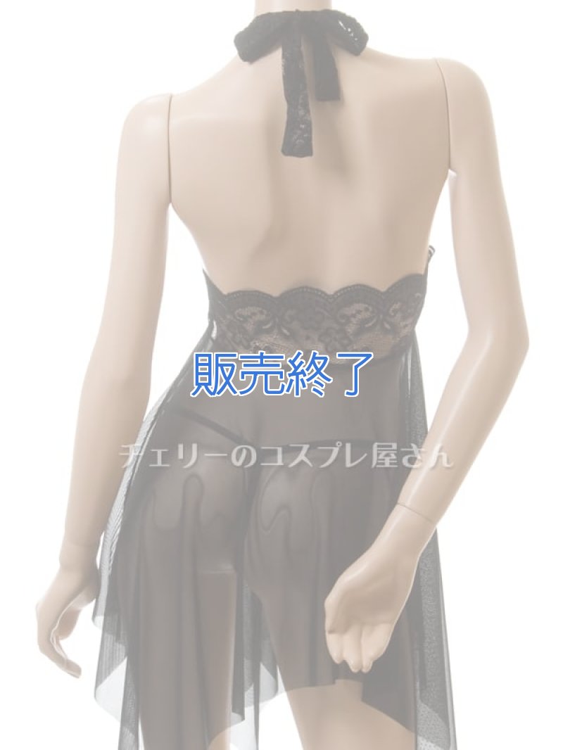 胸元のレースがエレガントなホルターネック ベビードール・黒15