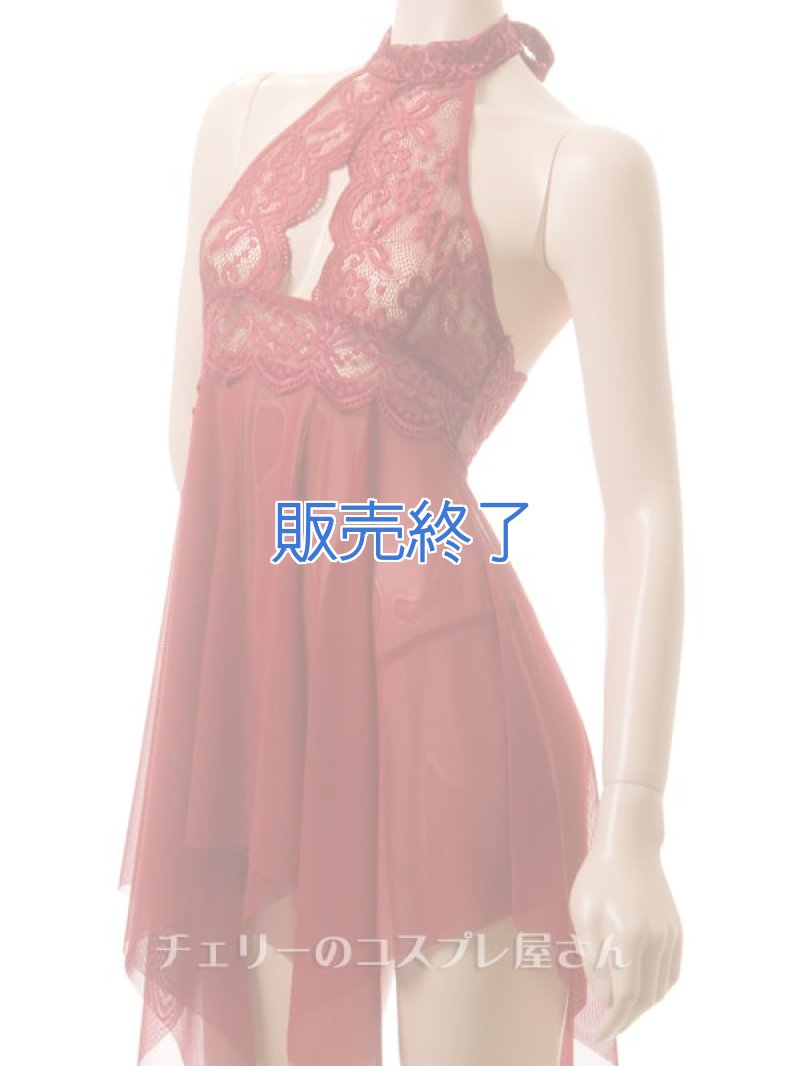 胸元のレースがエレガントなホルターネック ベビードール・ワインレッド7