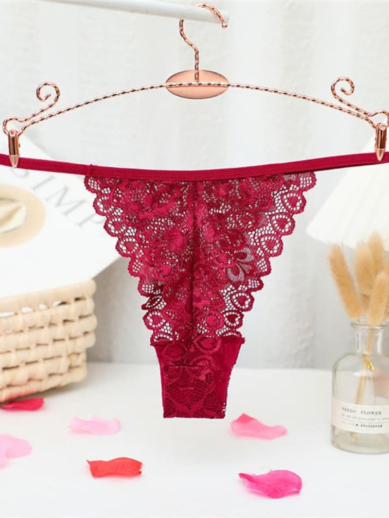 総レースのＴバックショーツ・ワインレッド6