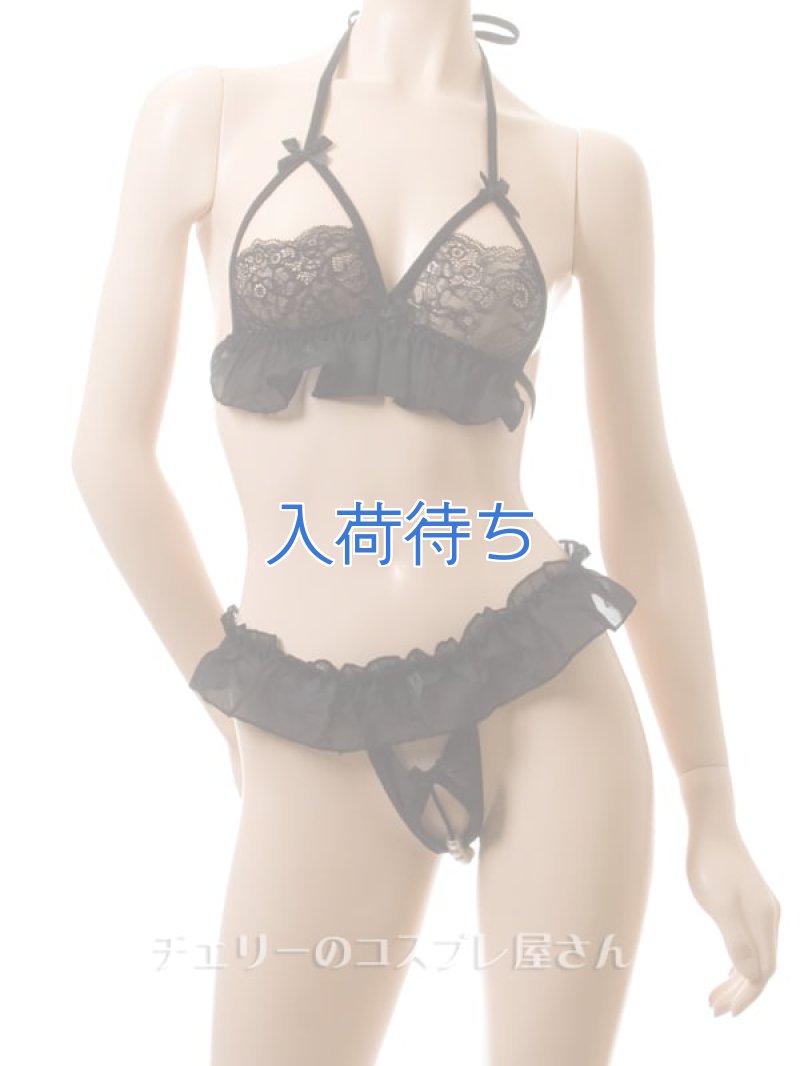 レースブラ&パールのオープンクロッチTバックショーツセット・黒4