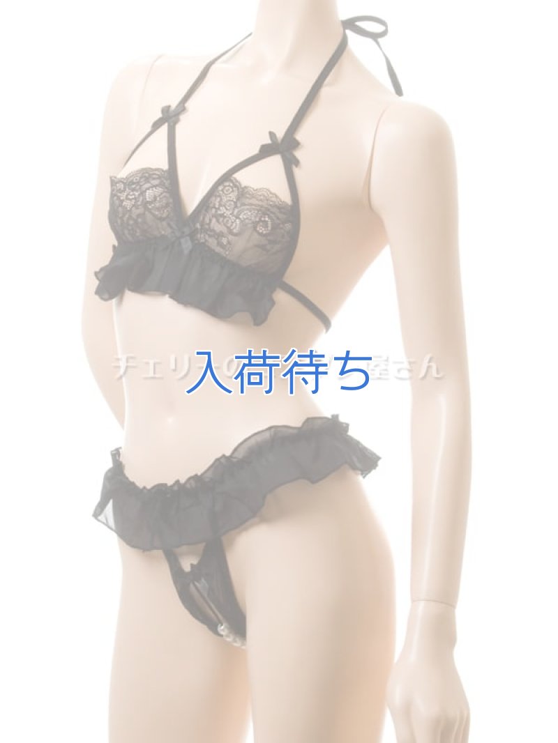 レースブラ&パールのオープンクロッチTバックショーツセット・黒5