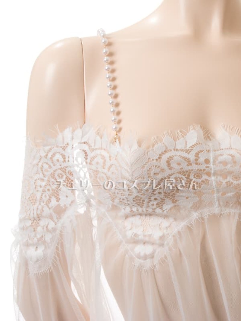 パールのオフショルダー シースルー ネグリジェ・白7