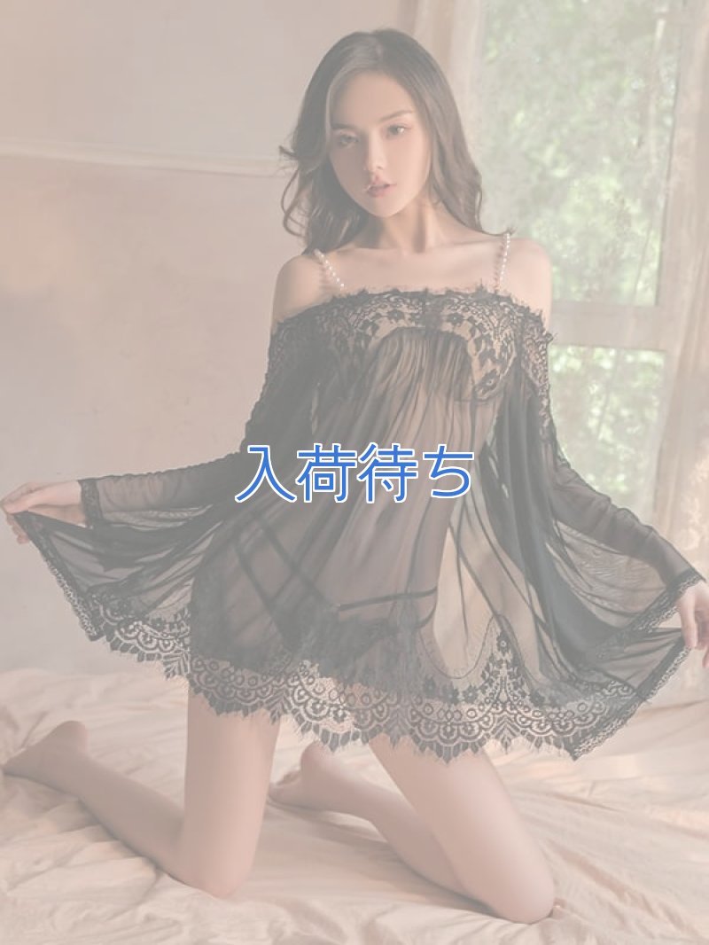 パールのオフショルダー シースルー ネグリジェ・黒2