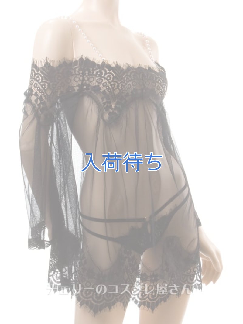 パールのオフショルダー シースルー ネグリジェ・黒11