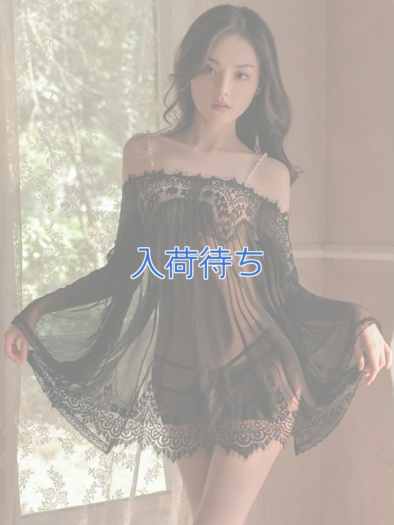 パールのオフショルダー シースルー ネグリジェ・黒3