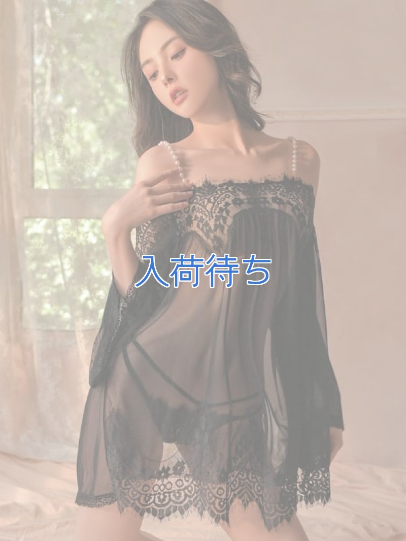 パールのオフショルダー シースルー ネグリジェ・黒4