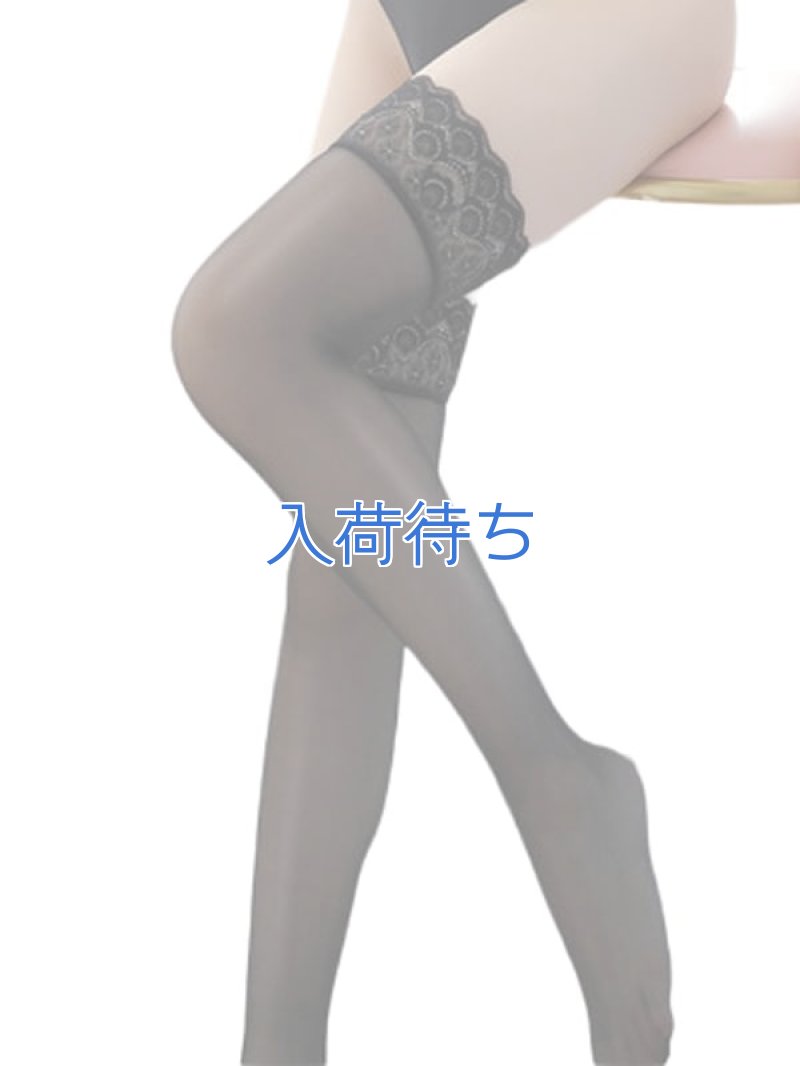 薄手 滑り止めシリコン付ピーコックレーストップ ストッキング・黒1