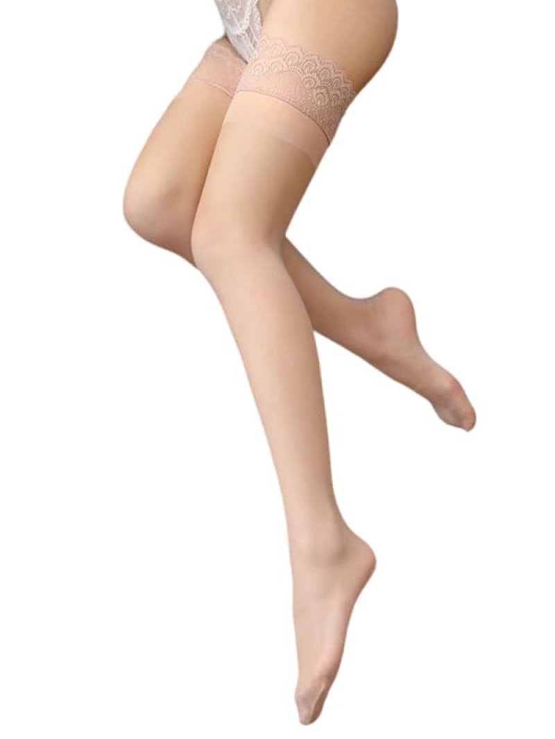 薄手 滑り止めシリコン付ピーコックレーストップ ストッキング・ベージュ1
