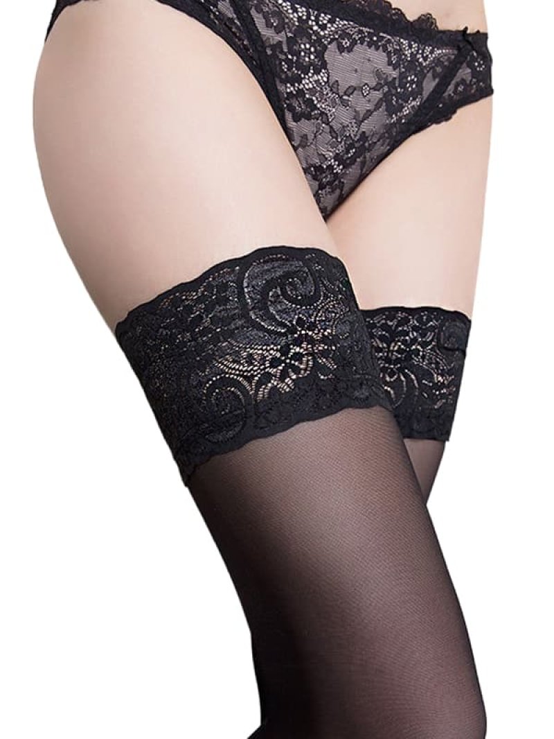薄手15デニール レース ガーターベルト用ストッキング・黒2