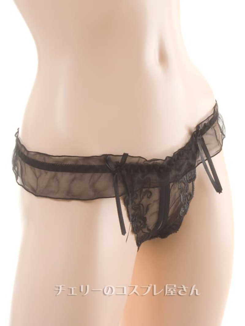 花柄模様 フルオープンクロッチ Tバック・黒5