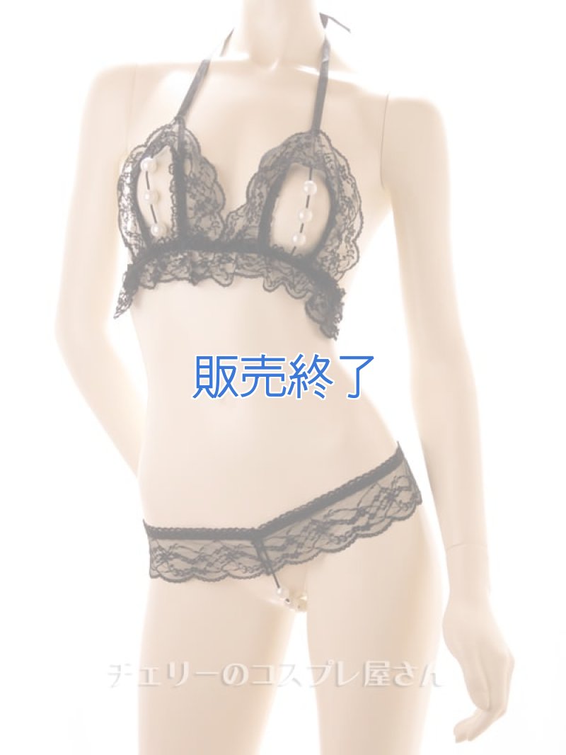 真珠ビーズのオープンブラ＆オープンクロッチショーツ・黒3