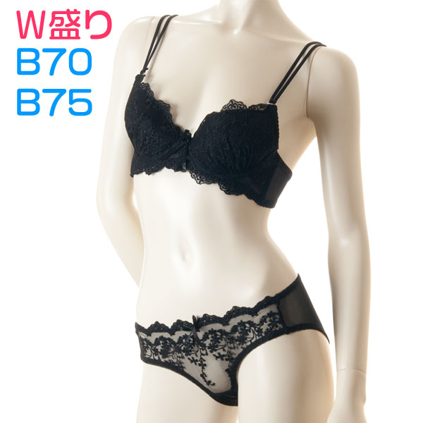 W盛り!刺繍ブラとシースルーショーツセット ワイヤー入・黒 B70/B75 イメージ写真